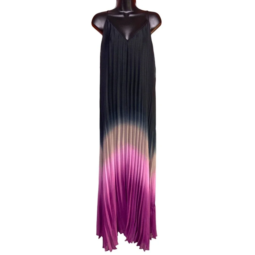 Bar III Women Black Pink Ombre Razor Back Pleated Maxi Sheer Lined Dress Size S